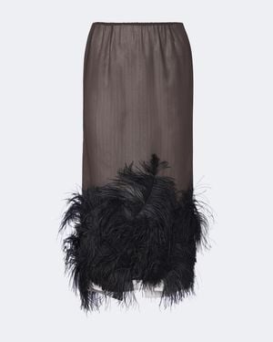 The Attico Feather-Trimmed Striped Midi Skirt - Brown