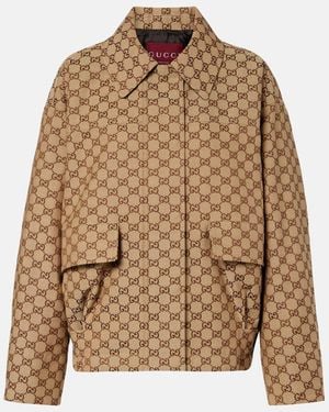 Gucci Gg Canvas Leather Bomber Jacket - Brown
