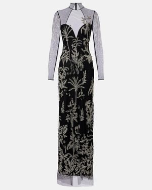 Costarellos Marcella Beaded Open-Back Tulle Gown - Black