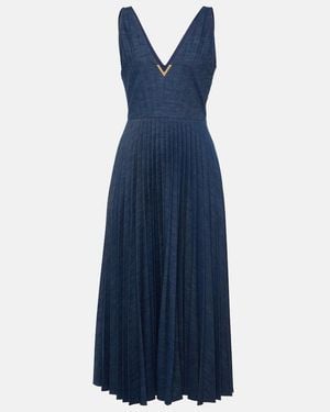 Valentino Vgold Plisse Chambray Maxi Dress - Blue