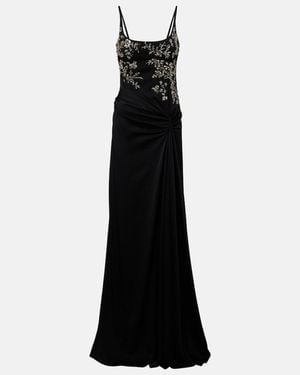 McQueen Draped Embellished Crepe Back Satin Gown - Black