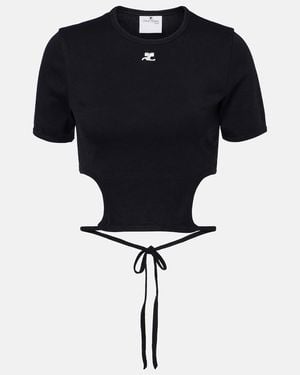 Courreges Logo Cutout Tie-Back Cotton Crop Top - Black