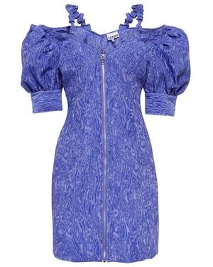Ganni Jacquard Puff-Sleeve Minidress - Blue