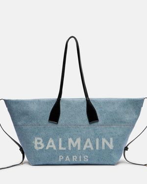 Balmain Tote Bag Track Aus Denim Mit Leder - Blau
