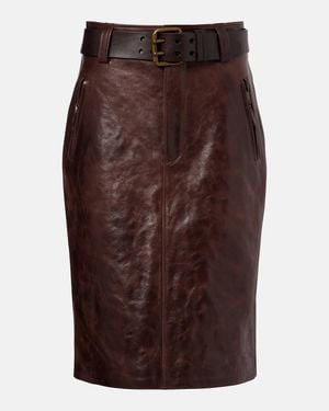 Saint Laurent Belted Leather Pencil Skirt - Brown