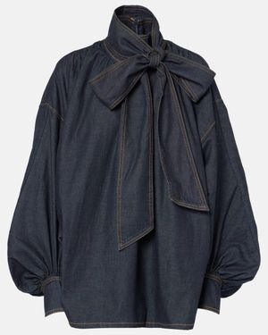 Zimmermann Illustration Tie-Neck Denim Blouse - Blue