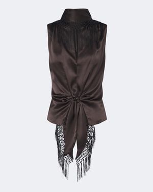 SIR. Lula Fringed Scarf-Detail Silk Top - Black