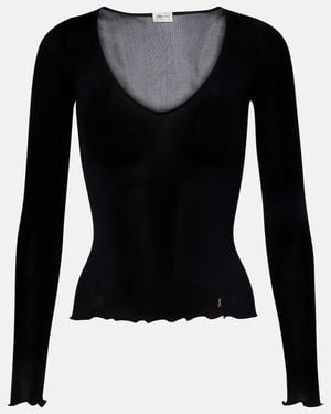 Saint Laurent Ribbed-Knit Silk Top - Black