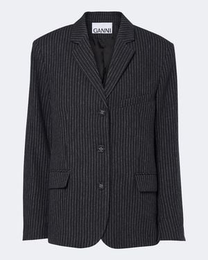 Ganni Pinstripe Flannel Blazer - Black