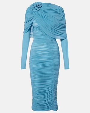 Magda Butrym Floral-Applique Ruched Caped Midi Dress - Blue