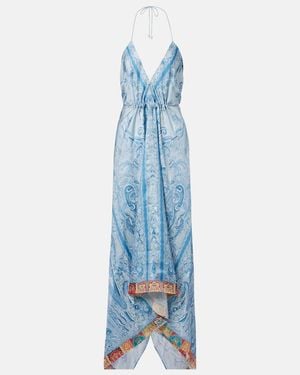 Etro Paisley Asymmetric Silk Maxi Dress - Blue