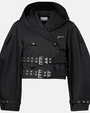 Ganni Belted Cropped Cotton Jacket - Black