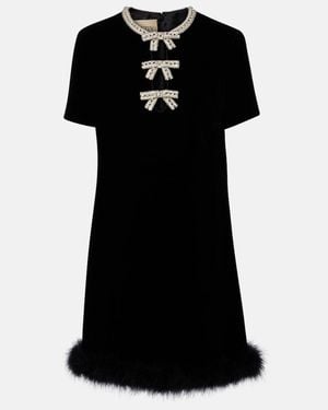 Valentino Embellished Feather-Trimmed Velvet Minidress - Black