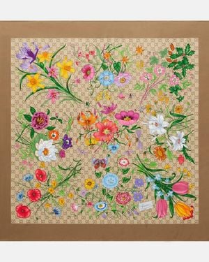 Gucci Panuelo Flora De Sarga De Seda Floral Con Gg - Verde