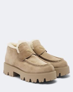 Prada Shearling-Trimmed Suede Platform Ankle Boots - Natural