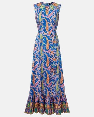 Etro Paisley-Print Cotton Ruffle A-Line Maxi Dress - Blue