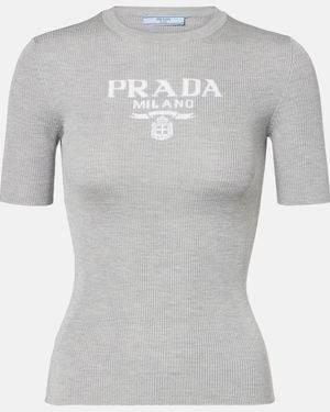 Prada Logo Ribbed-Trim Silk T-Shirt - Gray