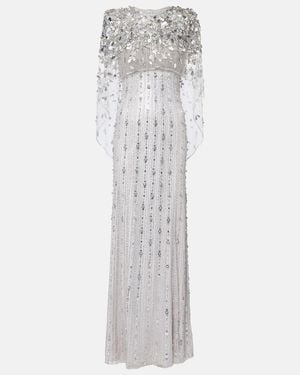Jenny Packham Nettie Caped Sequined Tulle Gown - White
