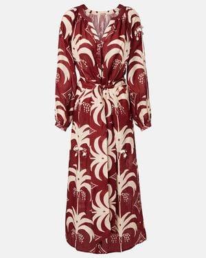 Johanna Ortiz Weaving Waves Belted Embellished Printed Linen Midi Dress - Red