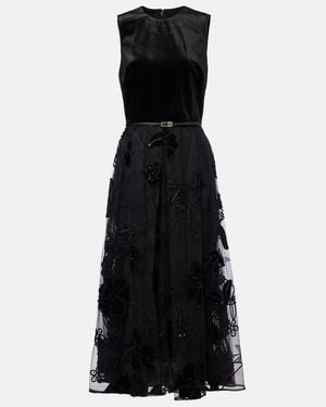Elie Saab Embroidered Tulle And Velvet Midi Dress - Black