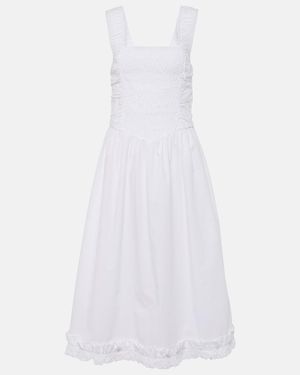 Ganni Shirred Cotton Poplin Midi Dress - White