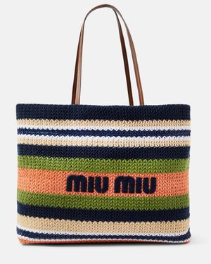 Miu Miu Logo Embroidered Striped Tote Bag - Black