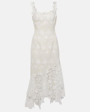 Oscar de la Renta Floral Lace-Trimmed Tweed Midi Dress - White