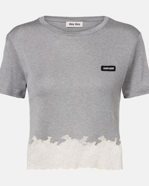 Miu Miu Lace-Trimmed Silk Jersey Crop Top - Grey