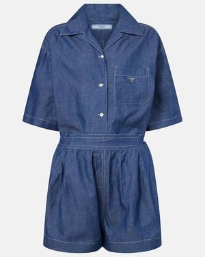 Prada Cotton And Linen Chambray Romper - Blue