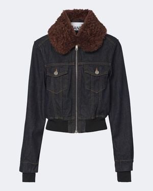 Ganni Cropped Denim Blouson Jacket - Black