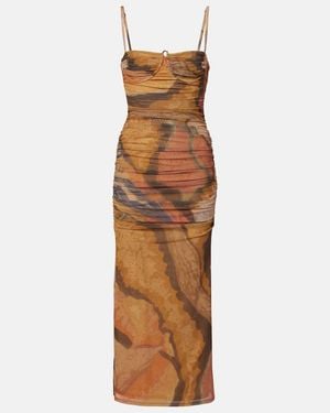 SIR. Draped Printed Mesh Midi Dress - Brown