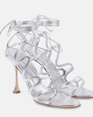 Manolo Blahnik Fawda 105 Metallic Leather Sandals - White