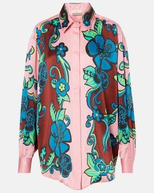 ALÉMAIS Floral Puff-Sleeve Silk Satin Shirt - Blue
