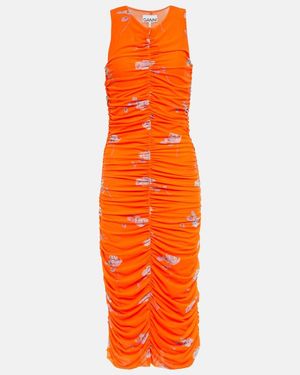 Ganni Rose-Print Ruched Mesh Dress - Orange