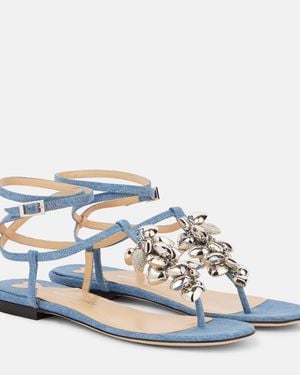 Mach & Mach Puffy Heart Embellished Denim Thong Sandals - Blue