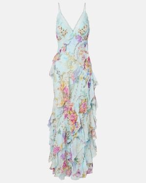 CAMILLA Floral Ruffled Silk Slip Dress - Blue