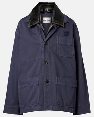 Miu Miu Leather-Trimmed Oversized Cotton Gabardine Jacket - Blue