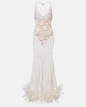 Self-Portrait Vestido De Fiesta De Encaje Con Plumas - Blanco