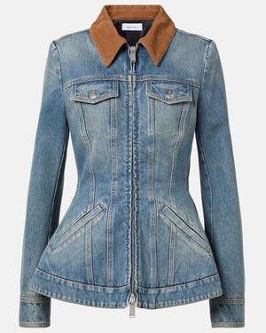 McQueen Light Washed Denim Jacket With Ruffles - Blue