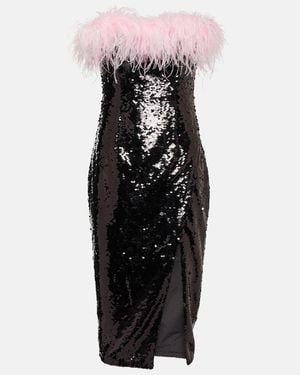 Self-Portrait Feather-Trimmed Sequined Midi Dress - Black
