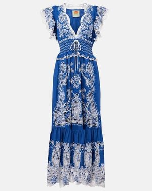 FARM Rio Embroidered Linen-Blend Maxi Dress - Blue