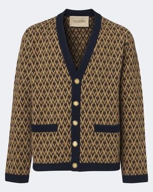 Valentino Toute La V Jacquard Virgin Wool Cardigan - Brown