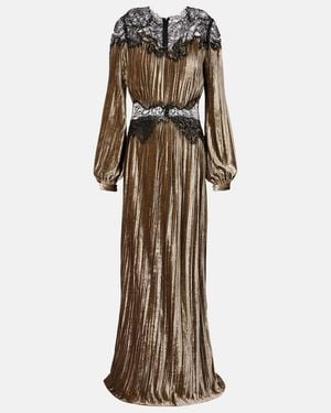 Costarellos Senna Lace-Trimmed Plisse Velvet Gown - Grey