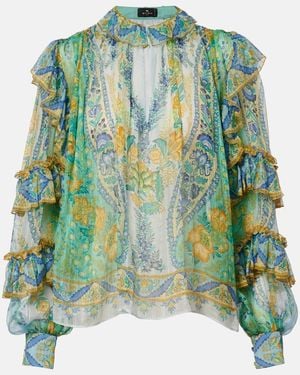 Etro Floral Ruffled Silk Blouse - Green