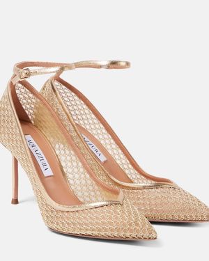 Aquazzura Asha 85 Leather-Trimmed Mesh Court Shoes - Natural
