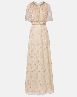 Self-Portrait Embellished Floral Caped Maxi Dress - Natural