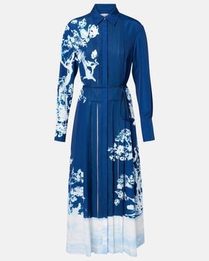 Erdem Pleated Printed Crepe Midi Shirt Dress - Blue