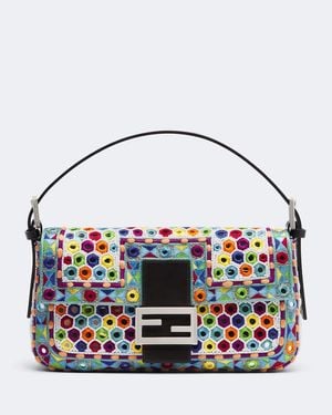 Fendi Borsa A Spalla Baguette Small Con Ricamo - Blu