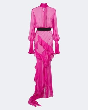 Roberto Cavalli Vestido De Fiesta De Seda Con Volantes Y Cinturon - Rosa