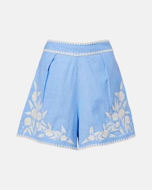 Juliet Dunn Embroidered Cotton Chambray Shorts - Blue